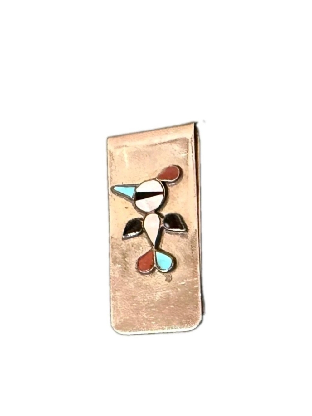Vintage Southwestern Zuni Style Money Clip With Turquoise, Jet, And M.O.P